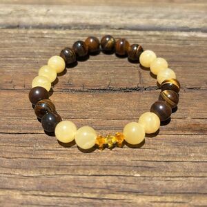 Elegant Yellow and Brown Beaded Bracelet tigers eye old yellow jade & Swarovski